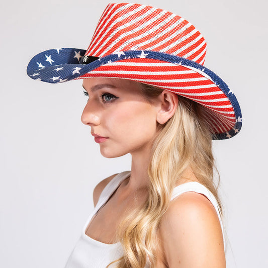 HATEGORY Star Stud Faux Leather Band Pointed American USA Flag Printed Cowboy Fedora Hat