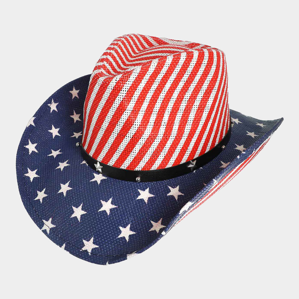 HATEGORY Star Stud Faux Leather Band Pointed American USA Flag Printed Cowboy Fedora Hat