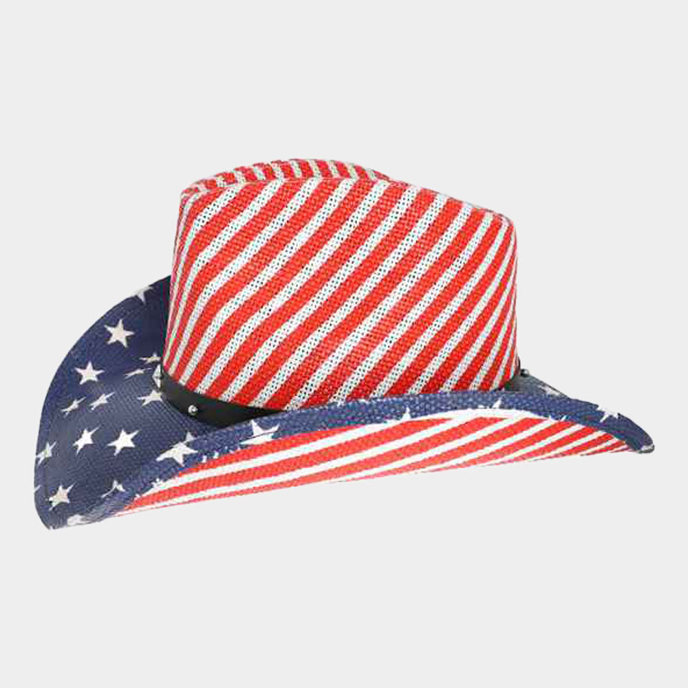 HATEGORY Star Stud Faux Leather Band Pointed American USA Flag Printed Cowboy Fedora Hat