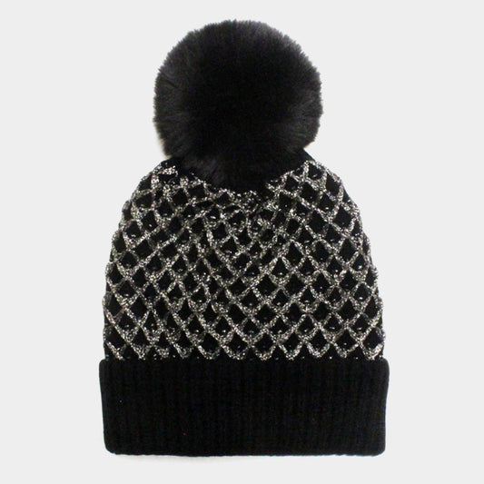 HATEGORY Check Patterned Pom Pom Beanie Hat