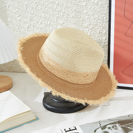 HATEGORY Frayed Trim Braided Band Straw Panama Sun Hat