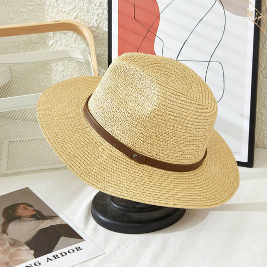 HATEGORY Faux Leather Band Straw Panama Sun Hat