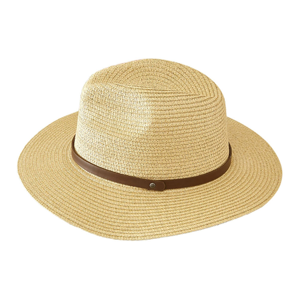 HATEGORY Faux Leather Band Straw Panama Sun Hat