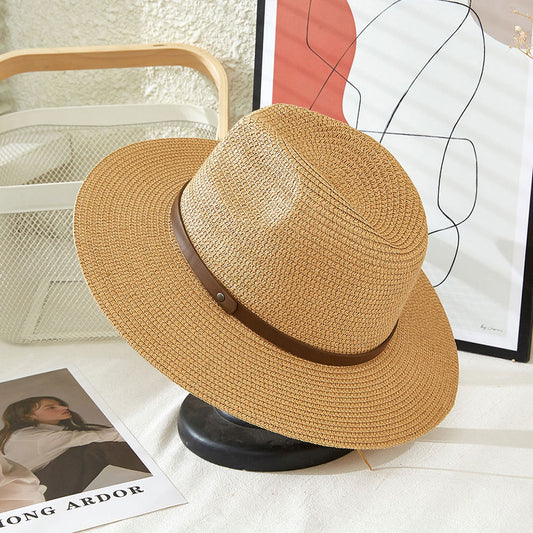 HATEGORY Faux Leather Band Straw Panama Sun Hat