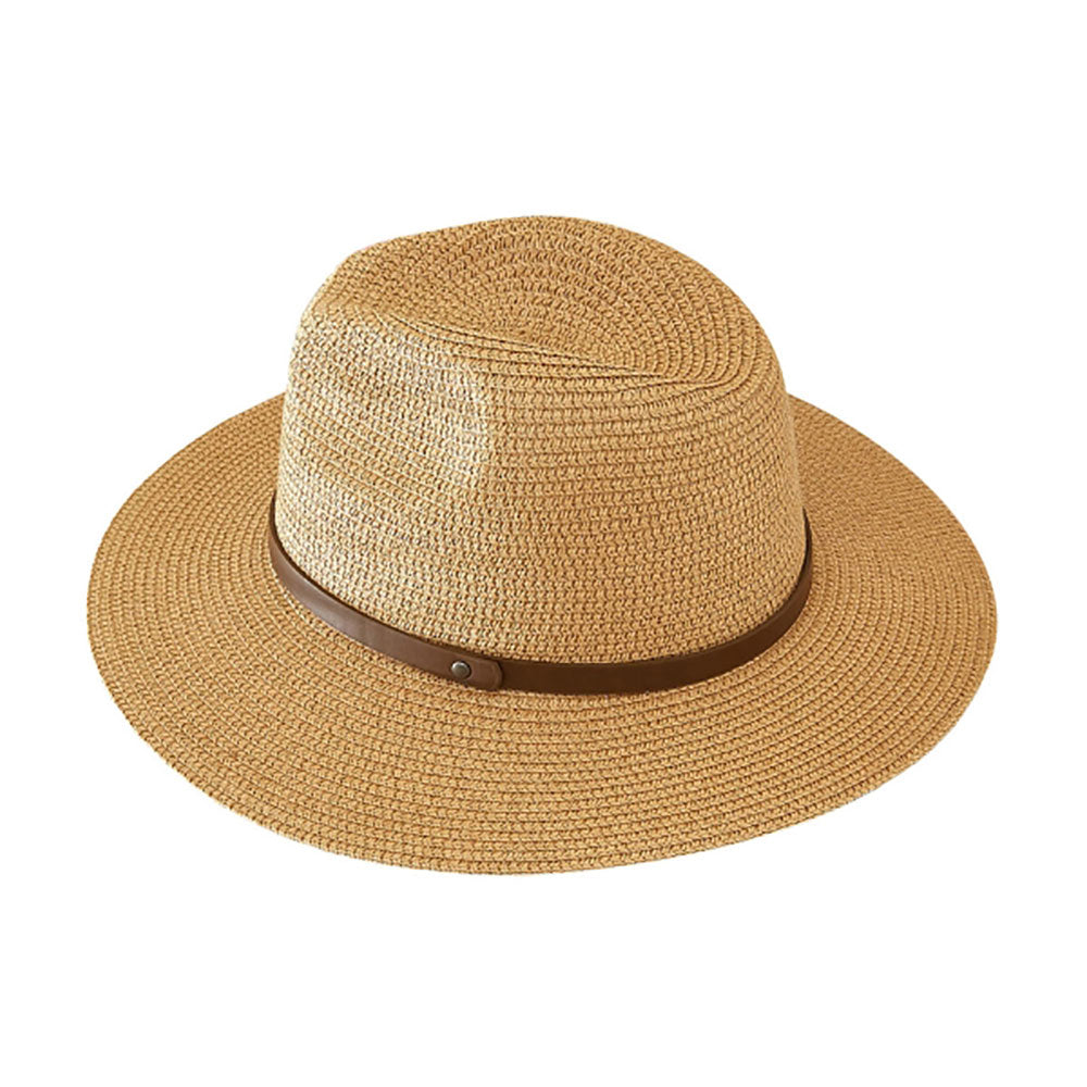 HATEGORY Faux Leather Band Straw Panama Sun Hat