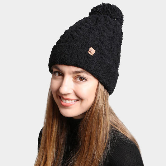 HATEGORY Solid Color Pom-Pom Beanie