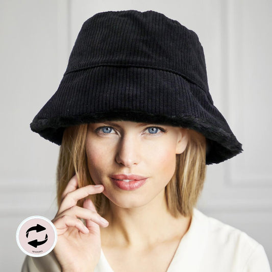 HATEGORY Reversible Corduroy Soft Faux Fur Bucket Hat