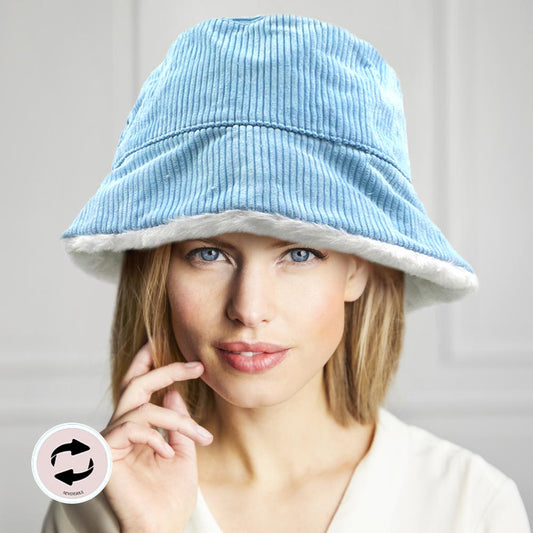 HATEGORY Reversible Corduroy Soft Faux Fur Bucket Hat