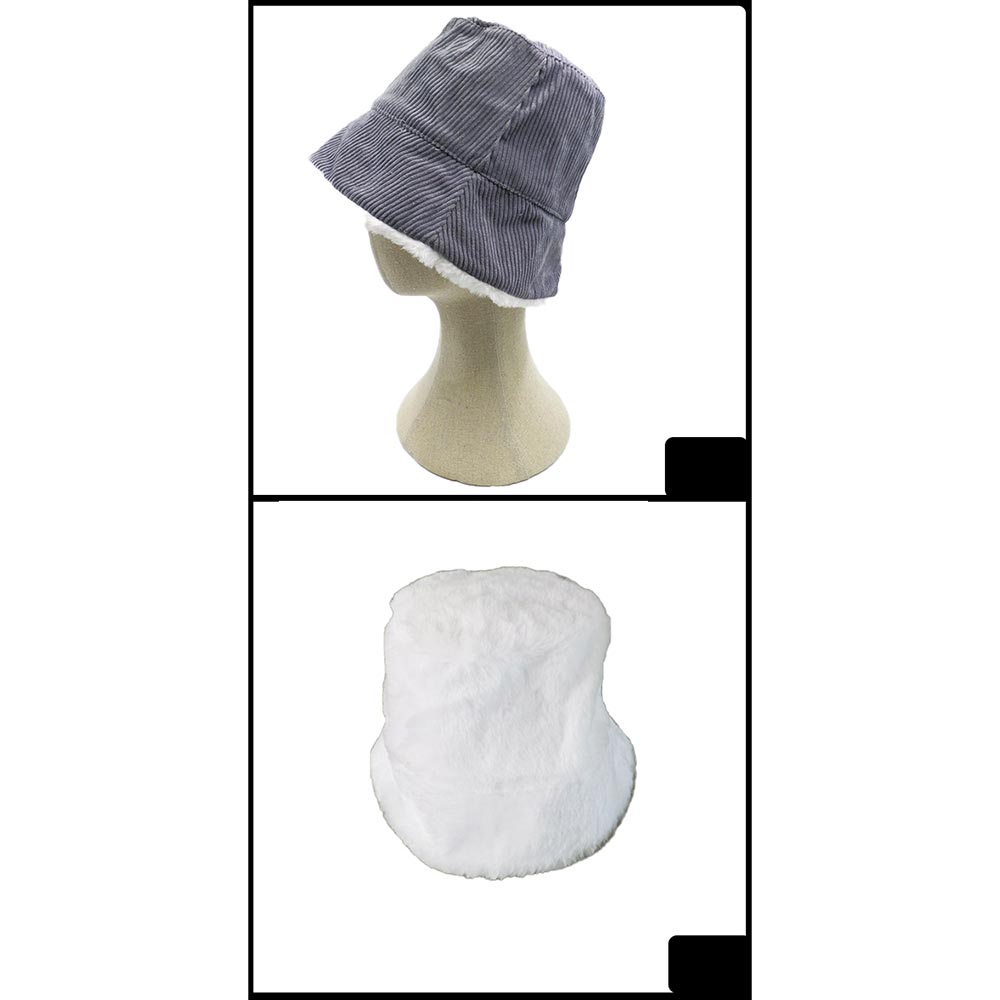 HATEGORY Reversible Corduroy Soft Faux Fur Bucket Hat