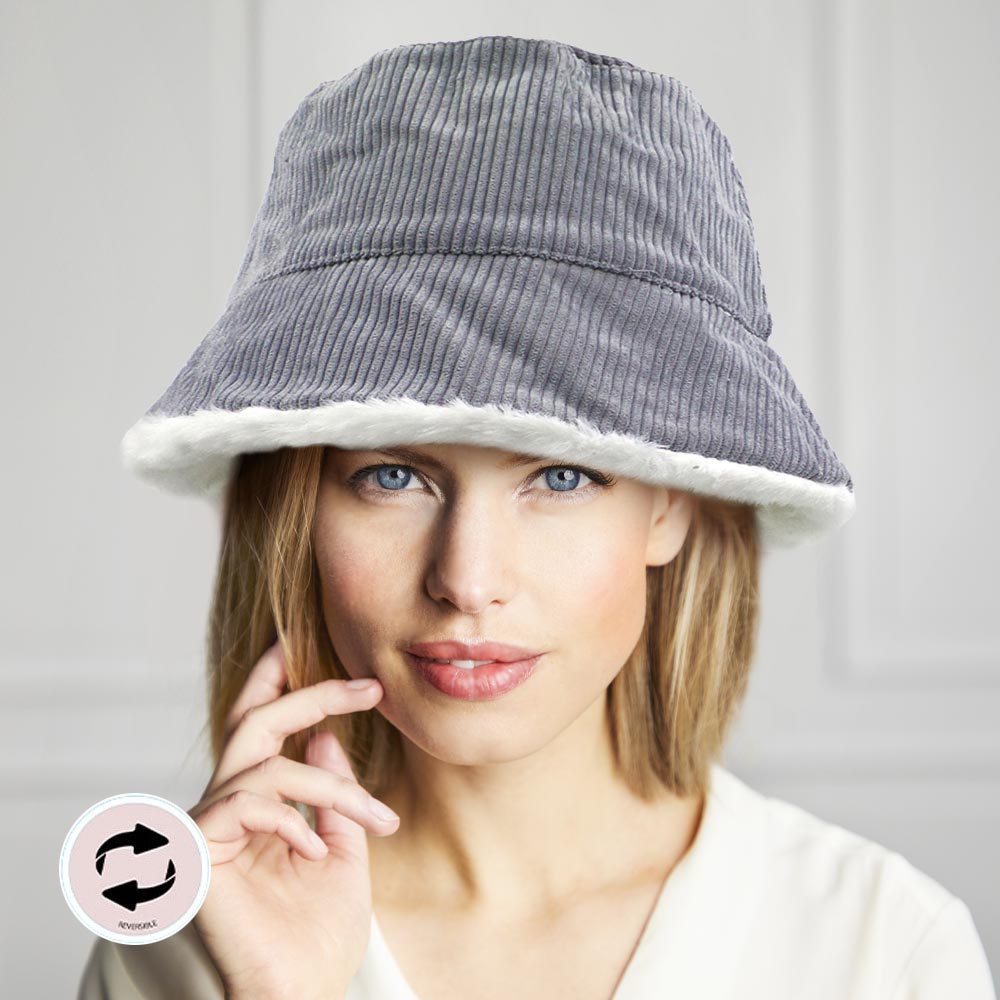 HATEGORY Reversible Corduroy Soft Faux Fur Bucket Hat