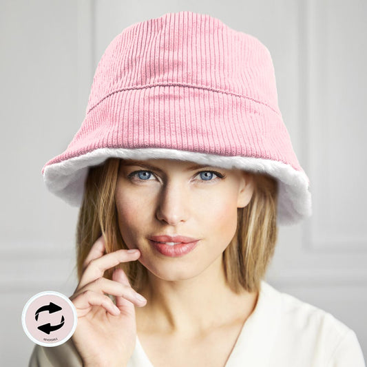 HATEGORY Reversible Corduroy Soft Faux Fur Bucket Hat
