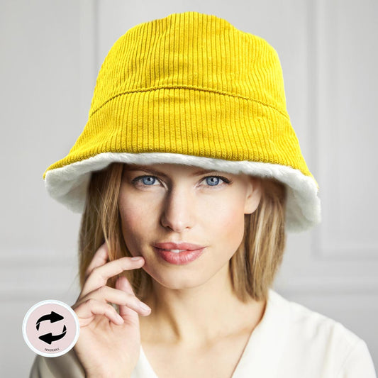 HATEGORY Reversible Corduroy Soft Faux Fur Bucket Hat