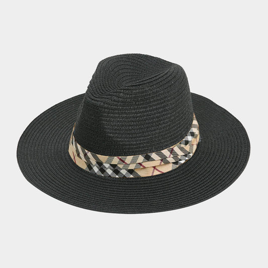 HATEGORY Plaid Check Band Accented Straw Sun Hat