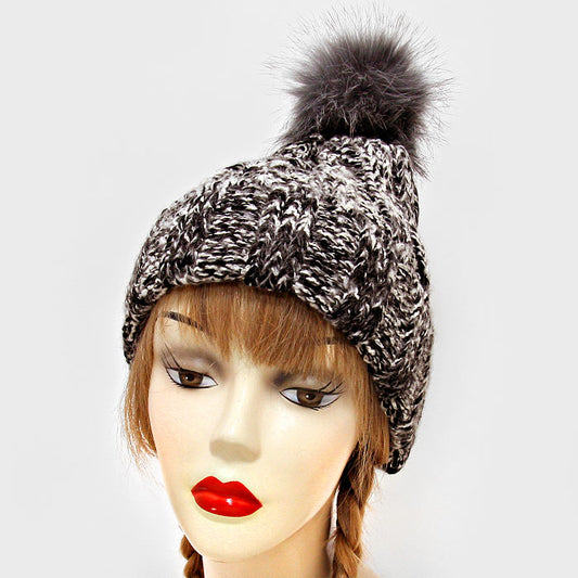 HATEGORY Pom Pom Faux Fur Two Tone Knit Beanie Hat