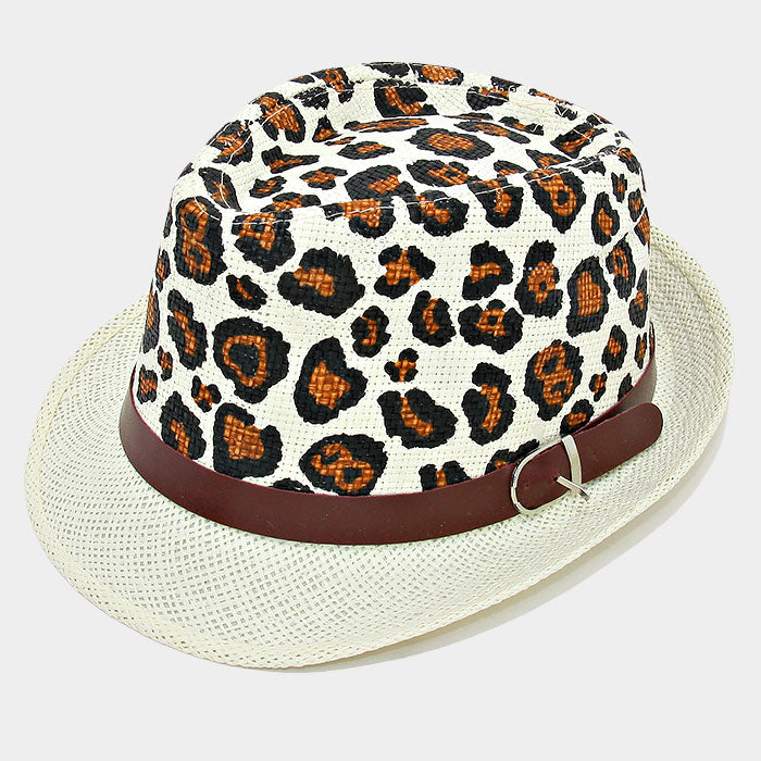 HATEGORY Leopard pattern paper fedora with faux leather belt