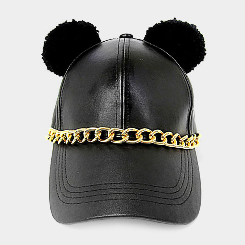 HATEGORY Faux Leather Pom Pom Baseball Cap