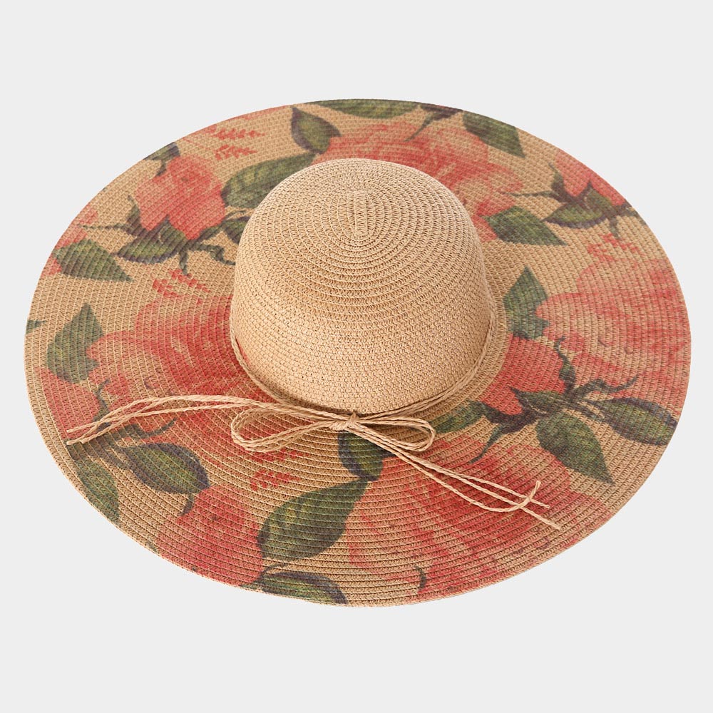HATEGORY Rose Flower Print Straw Sun Hat