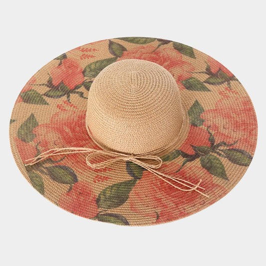 HATEGORY Rose Flower Print Straw Sun Hat