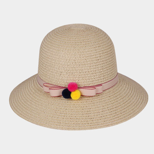 HATEGORY Triple Tiny Pom Pom Bow Trim Straw Sun Hat