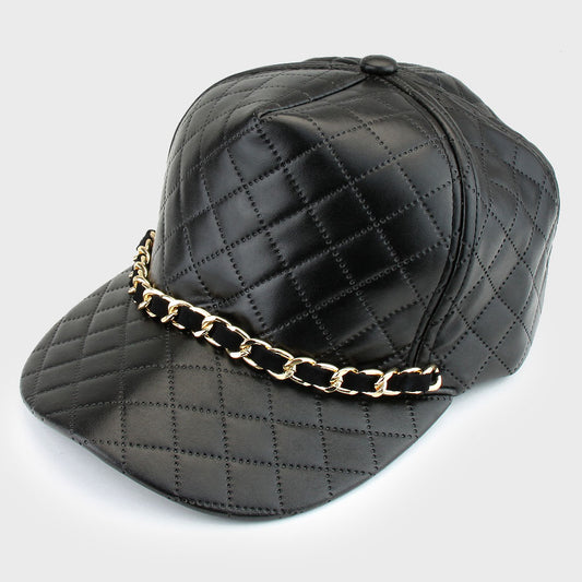 HATEGORY Chain Trimmed Quilted Faux Leather Snap Back Cap