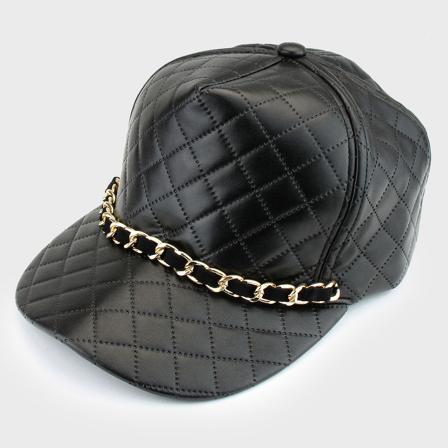 HATEGORY Chain Trimmed Quilted Faux Leather Snap Back Cap
