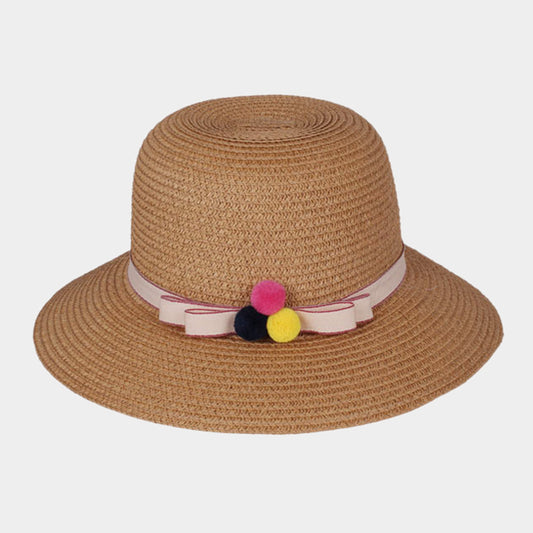 HATEGORY Triple Tiny Pom Pom Bow Trim Straw Sun Hat