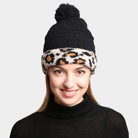 HATEGORY Solid Color Linked Leopard Accented Pom-Pom Beanie