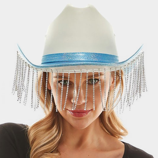 HATEGORY Rhinestone Fringe Glittered Cowboy Hat