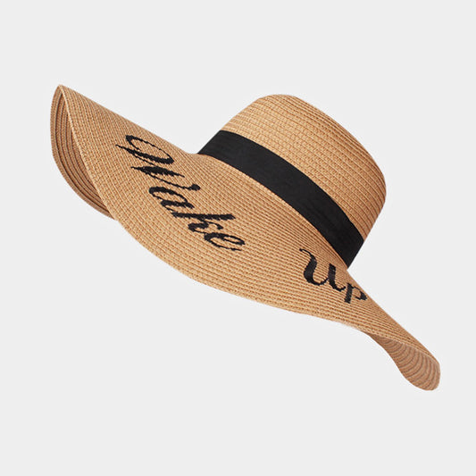 HATEGORY "Wake Up" Embroidery Paper Straw Floppy Sun Hat