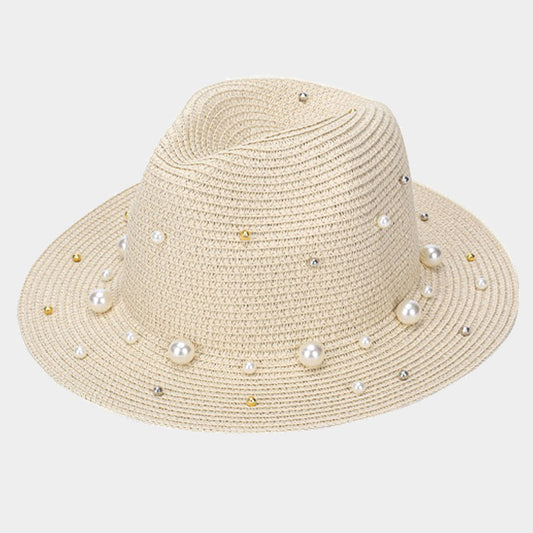 HATEGORY Pearl Trim Straw Fedora Hat