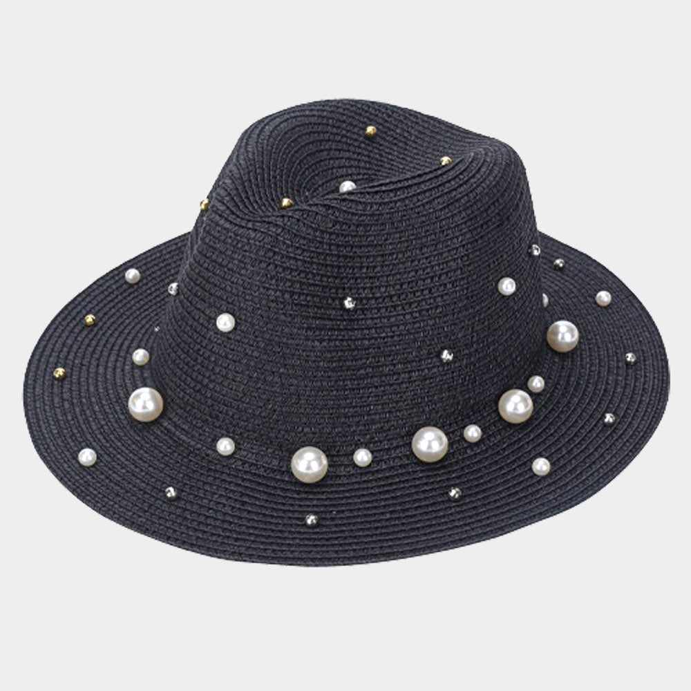 HATEGORY Pearl Trim Straw Fedora Hat