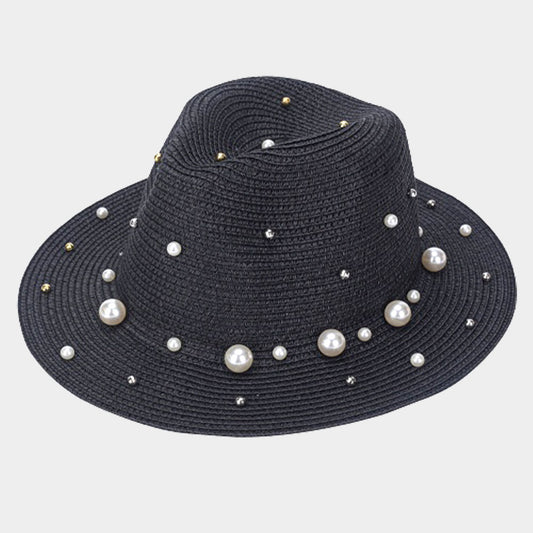 HATEGORY Pearl Trim Straw Fedora Hat