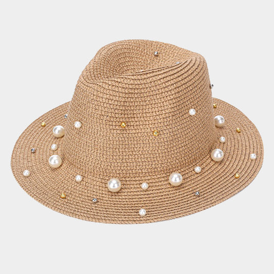 HATEGORY Pearl Trim Straw Fedora Hat