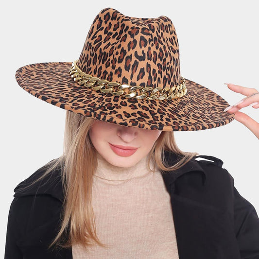 HATEGORY Leopard Patterned Metal Chain Band Panama Hat