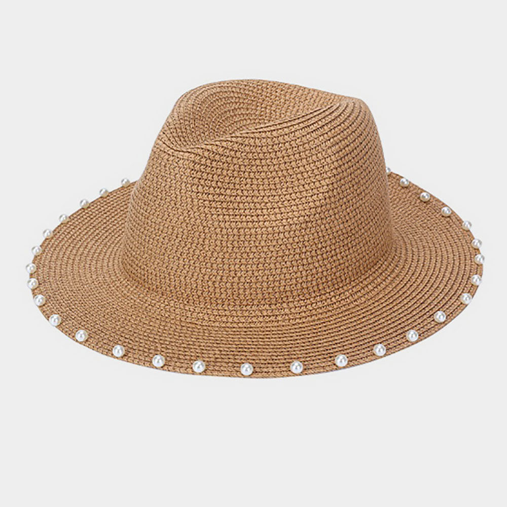 HATEGORY Pearl Trim Straw Fedora Hat
