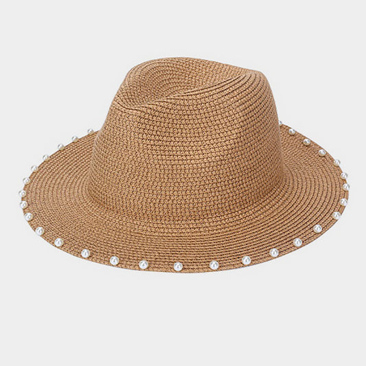 HATEGORY Pearl Trim Straw Fedora Hat