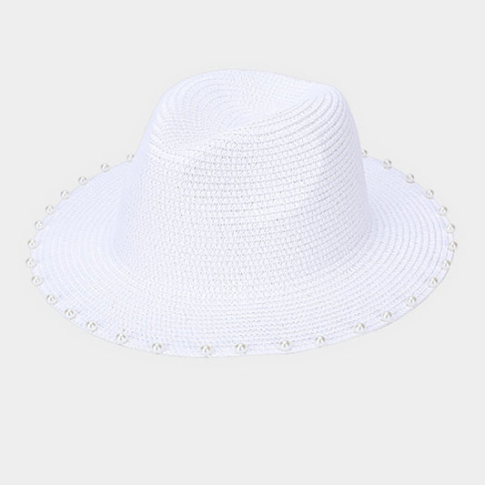 HATEGORY Pearl Trim Straw Fedora Hat