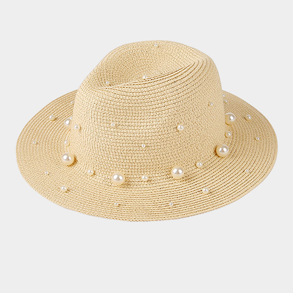HATEGORY Pearl Embellished Straw Fedora Hat