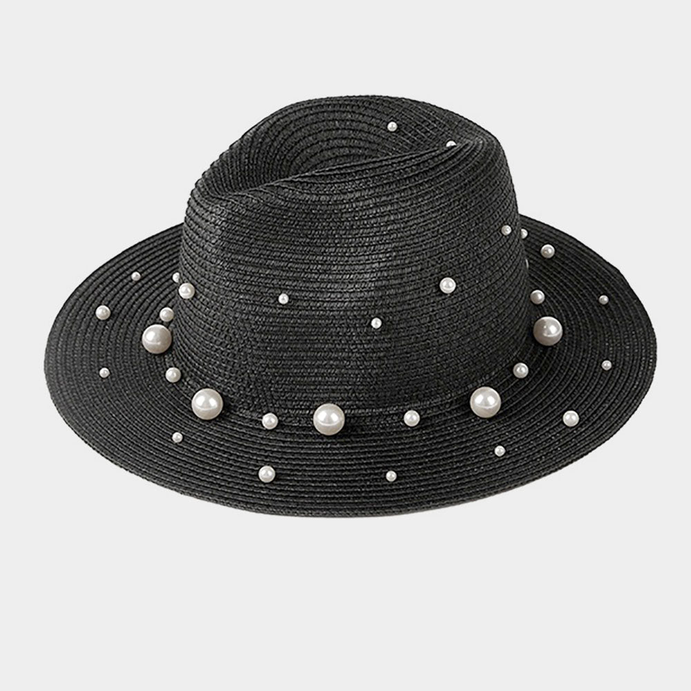 HATEGORY Pearl Embellished Straw Fedora Hat