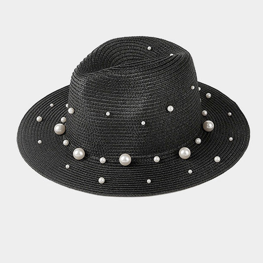 HATEGORY Pearl Embellished Straw Fedora Hat