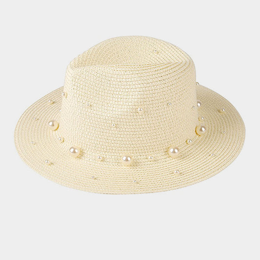 HATEGORY Pearl Embellished Straw Fedora Hat