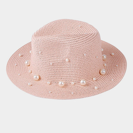 HATEGORY Pearl Embellished Straw Fedora Hat