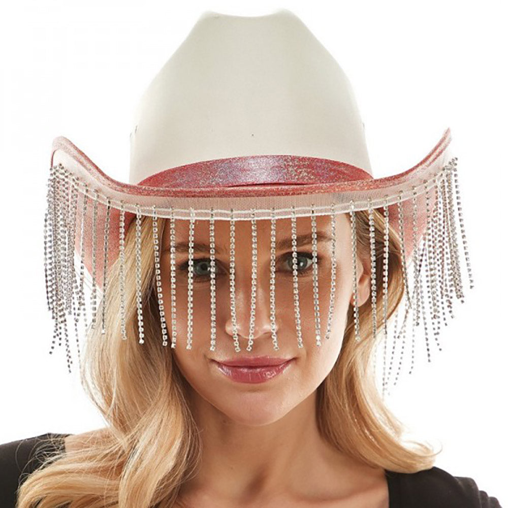 HATEGORY Rhinestone Fringe Glittered Cowboy Hat