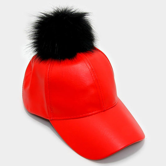 HATEGORY Pom pom fur faux leather baseball cap