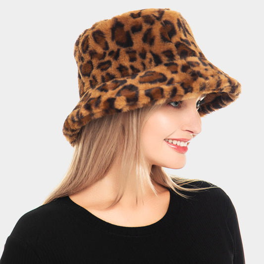 HATEGORY Leopard Patterned Soft Faux Fur Bucket Hat