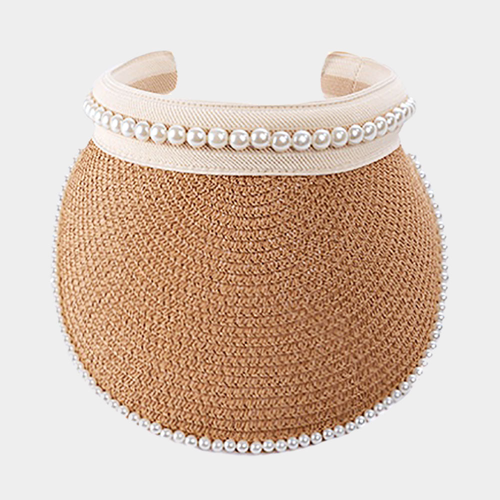 HATEGORY Pearl Embellished Straw Visor Hat