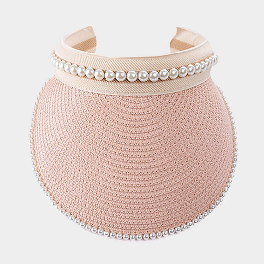 HATEGORY Pearl Embellished Straw Visor Hat