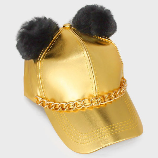HATEGORY POM POM EAR LEATHER SNAP BACK CAP HAT