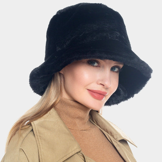 HATEGORY Faux Fur Solid Bucket Hat