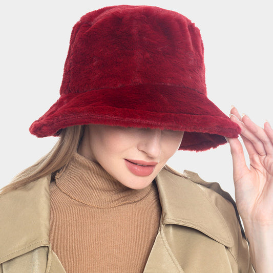 HATEGORY Faux Fur Solid Bucket Hat